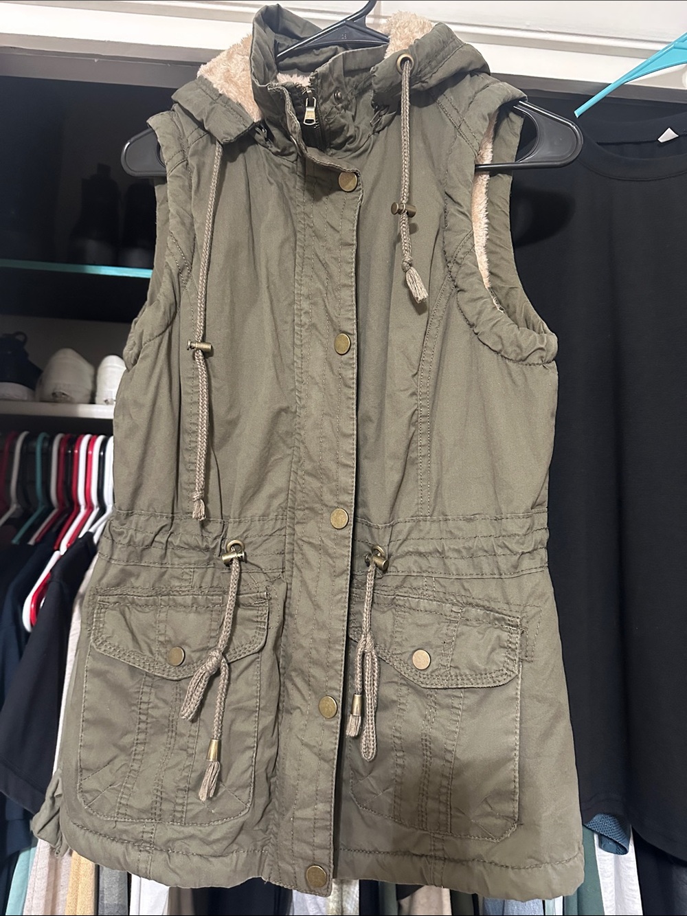 Women's Olive Sleeveless Utility Vest with Hood